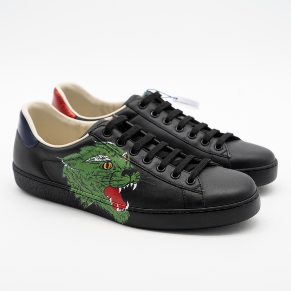 size 8.5G 9 US Gucci Ace Panther Leather Sneakers Black Green